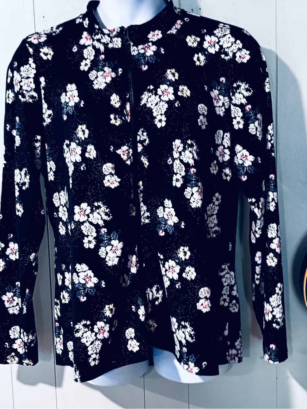 Maurices Navy Floral Print Blouse with White and Pink Accents